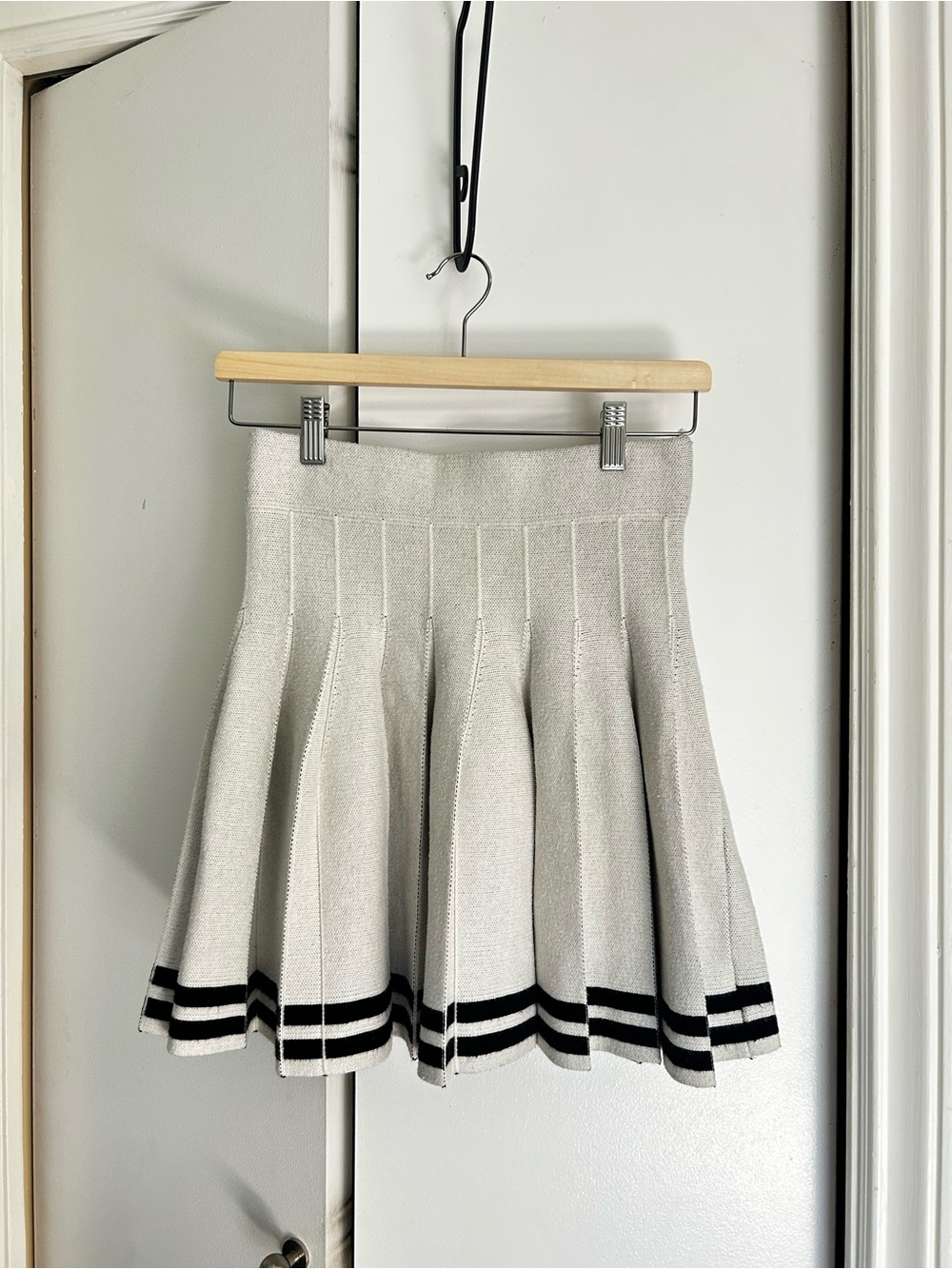 Knit Pleated Mini Skirt in Off White with Black Stripes
